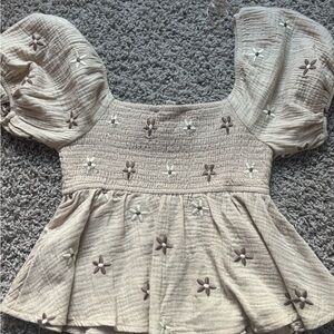 Smocked Peplum Puff-Sleeve Top in Beige with Floral Embroidery